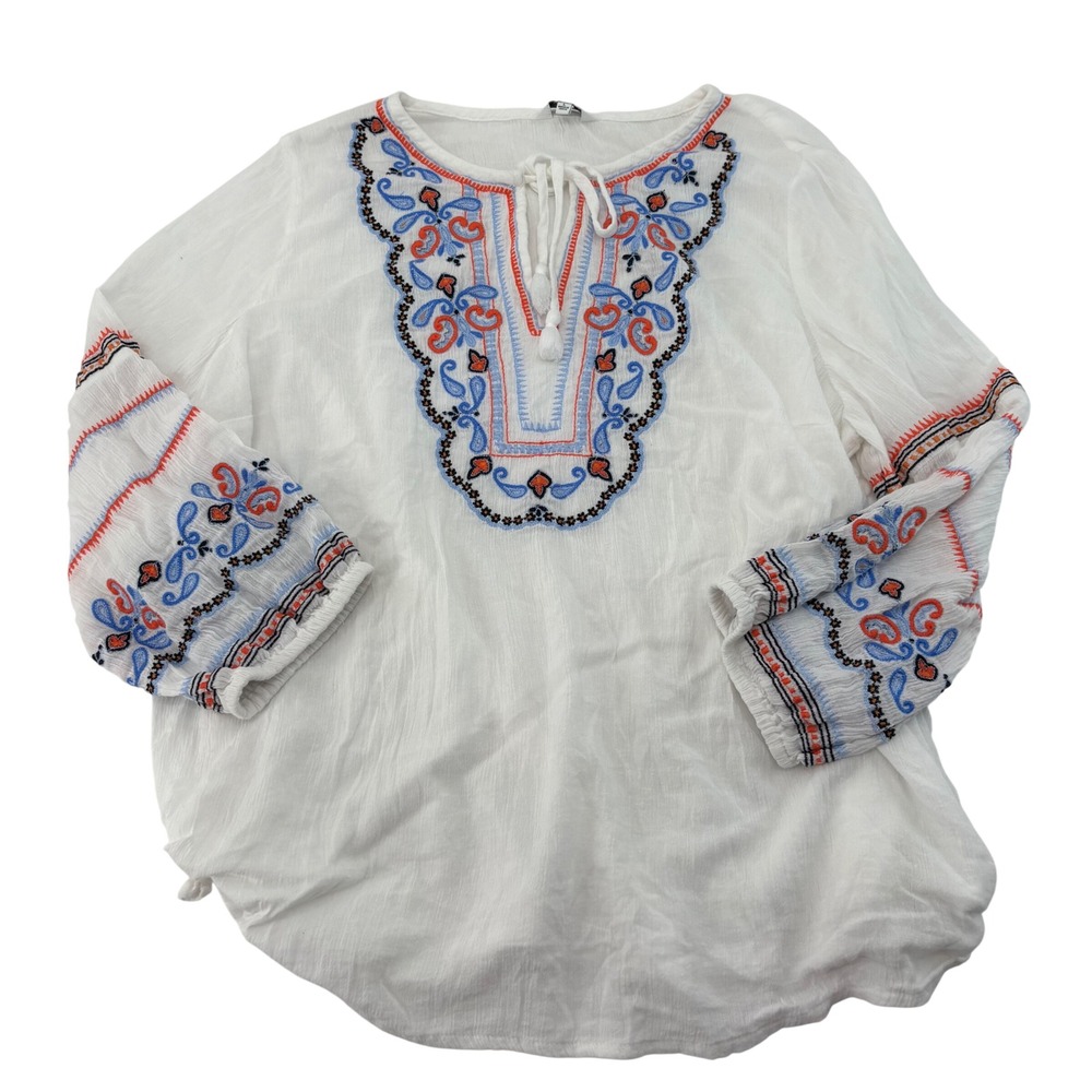 Crown & Ivy Womens Large White Embroidered Peasant Blouse Blue Orange Boho Top